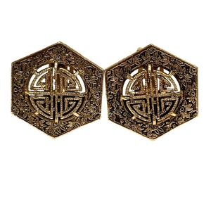 Sarah Coventry 1970's Teahouse EARRINGS CLIP ON goldtone Asian Motif Hexagon